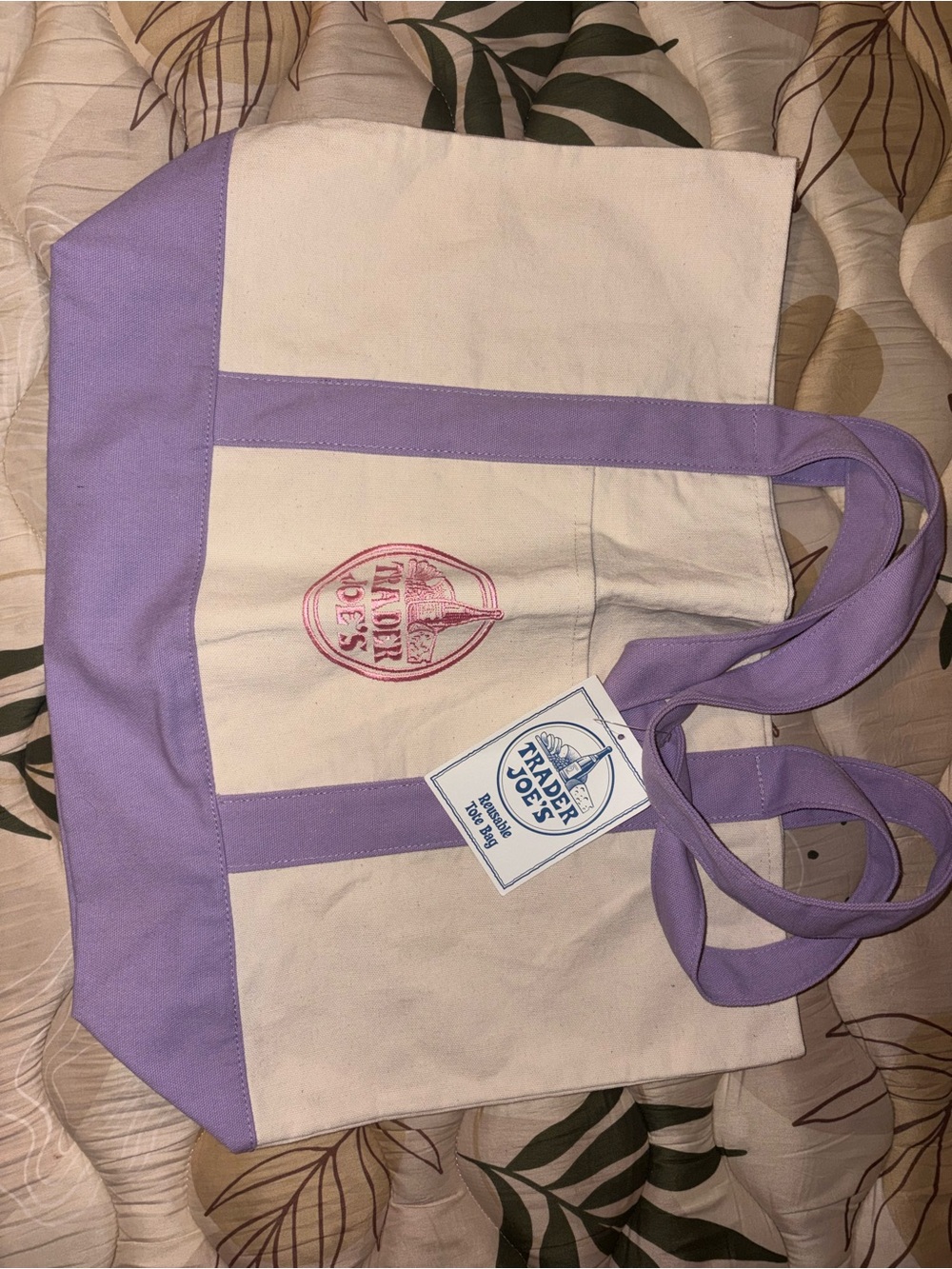 Trader Joe's Lavender & Cream Canvas Tote Bag